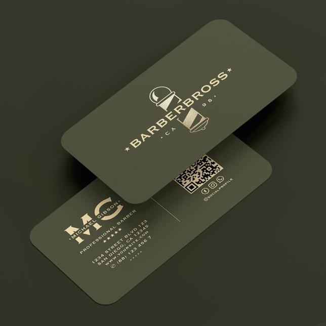 Modern Barber Pole Army Green Gold Barbershop Business Card (Modern Barber Pole Army Green Gold Barbershop Business Card
)