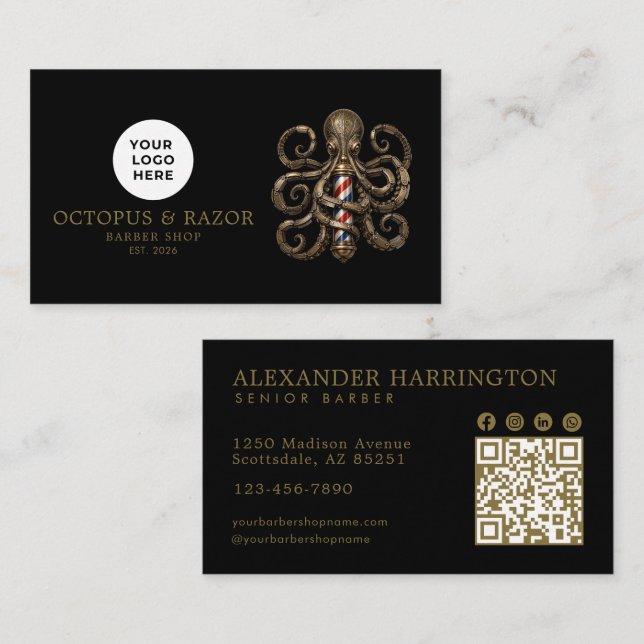 Modern Barber Shop Bronze Octopus Logo Qr Code Business Card (Front/Back)