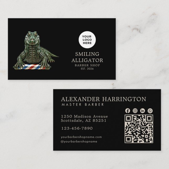 Modern Barber Shop Emerald Alligator Logo Qr Code Business Card (Front/Back)