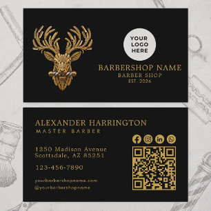 Modern Barber Shop Gold Stag Qr Code Social Icons Business Card
