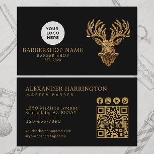 Modern Barber Shop Gold Stag Qr Code Social Icons Business Card