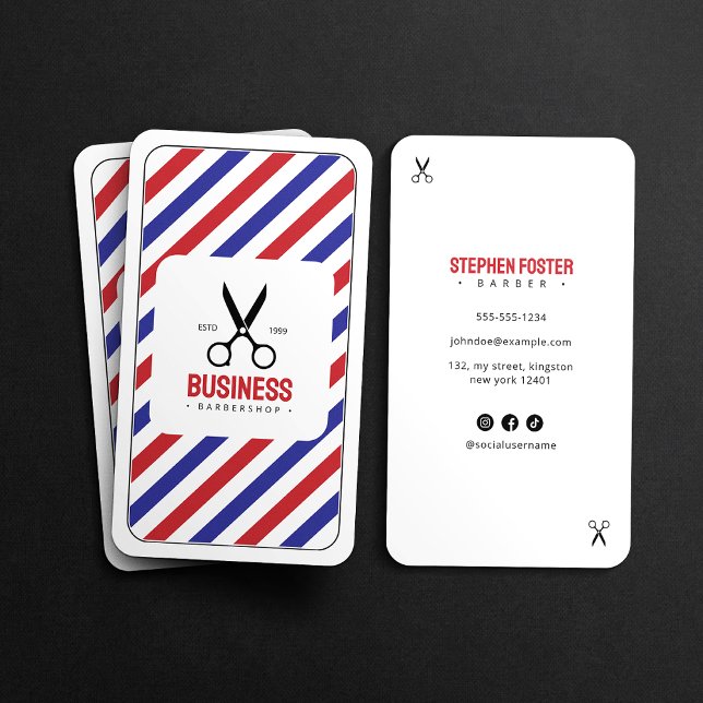 Modern Barber Shop Hair Barbershop White Blue Red Business Card (Creator Uploaded)