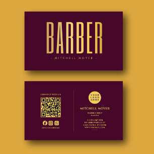 Modern Barber Shop QR Code Gold Logo Burgundy Business Card