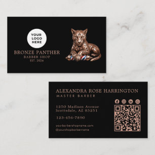 Modern Barber Shop Rose Gold Panther Logo Qr Code Business Card