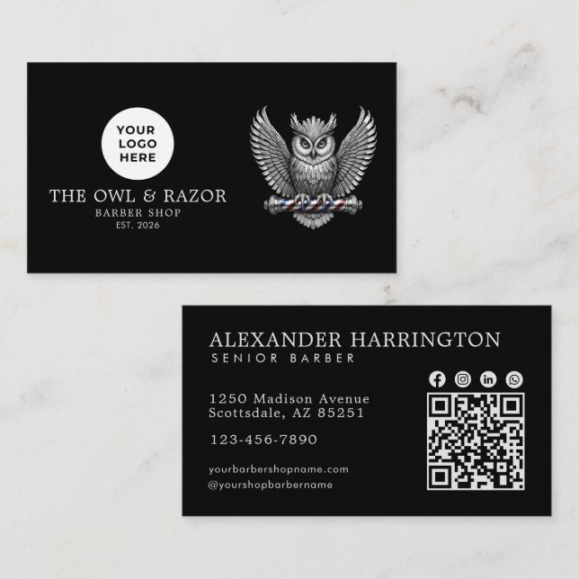 Modern Barber Shop Silver Owl Logo Qr Code Business Card (Front/Back)
