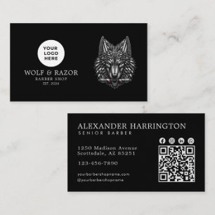 Modern Barber Shop Silver Wolf Logo Qr Code Business Card