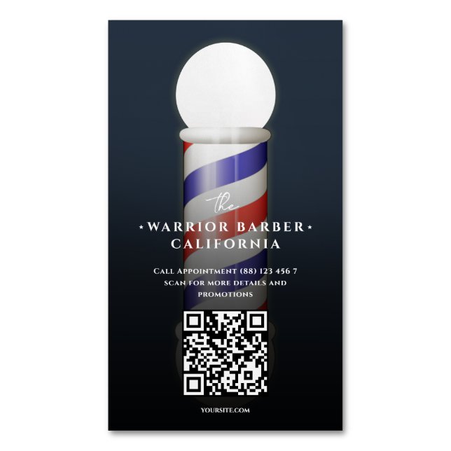 Modern Barber's Pole Barbershop Barber QR Magnetic Business Card (Front Vertical)