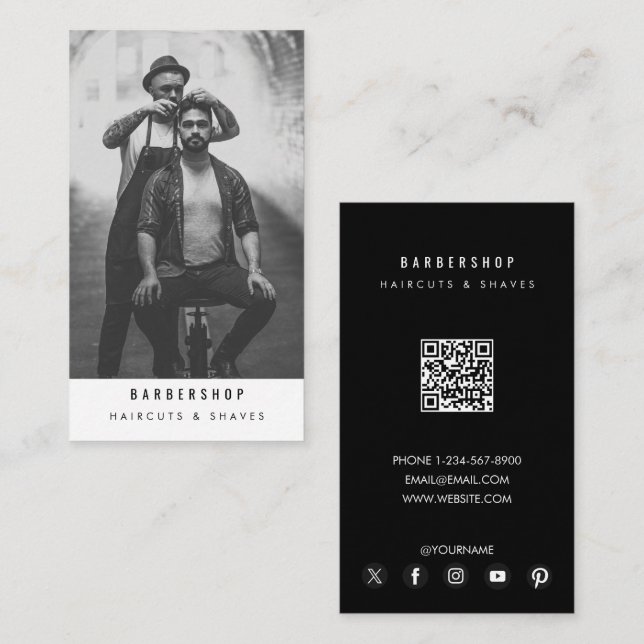 Modern Barbershop Barber Photo QR Code  Business Card (Front/Back)