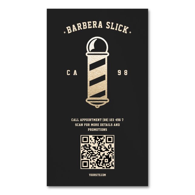 Modern Barbershop Barber's Pole Hairstylist QR Magnetic Business Card (Front Vertical)