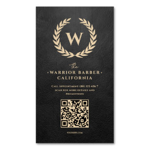Modern Barbershop Black Leather Monogram Barber  Magnetic Business Card