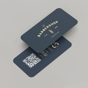 Modern Barbershop Dark Blue Gold Barber's Pole  Business Card