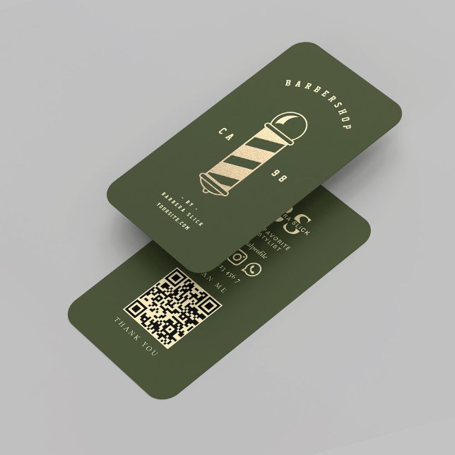 Modern Barbershop Dark Green Travel Barber Pole Business Card (Modern Barbershop Dark Green QR Gold Barber Pole Business Card
)