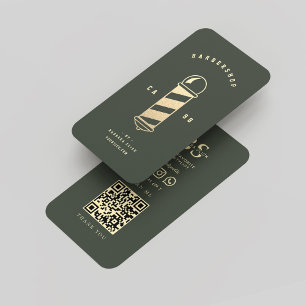 Modern Barbershop Moss Green Gold Barber Pole  Business Card