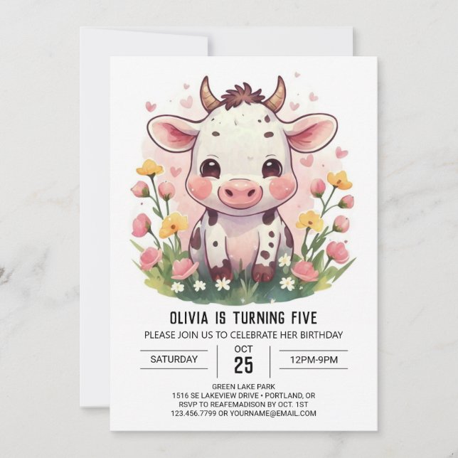  Modern Barnyard Pastel Cow Birthday Invitation (Front)