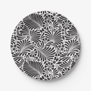 Modern Baroque Floral Black and White Paper Plate