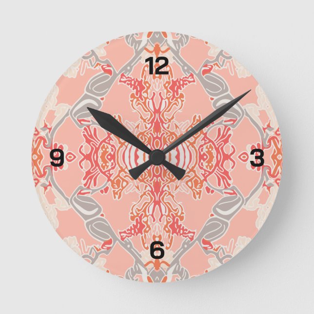 Modern Baroque Pattern in Pink Red Cream Round Clo Clock (Front)