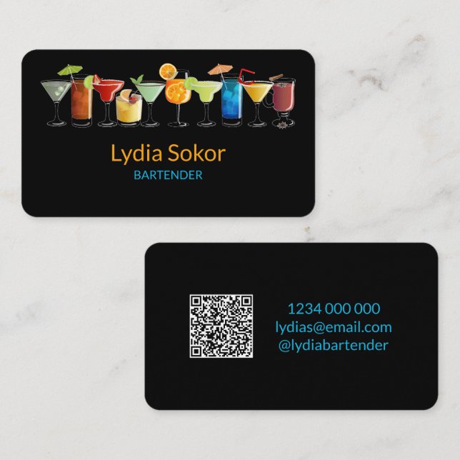 Modern Bartender Black QR Contact Card (Front/Back)