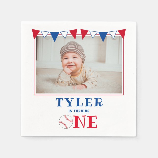 Modern Baseball 1st Birthday Photo Birthday Party Napkin (Front)