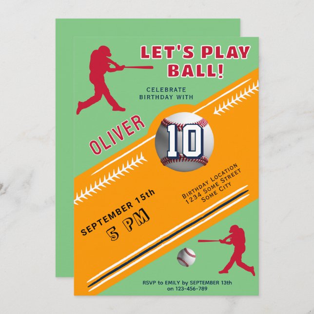 Modern Baseball Ball Player Themed Birthday Invitation (Front/Back)