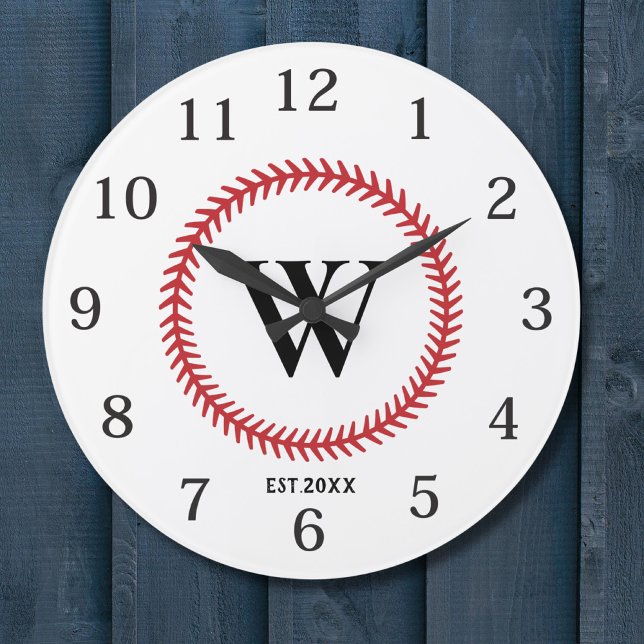 Modern Baseball Ball Sport Design Monogram  Large Clock (Creator Uploaded)
