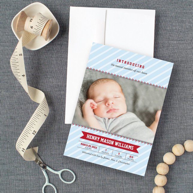 Modern Baseball Blue and Red Baby Boy Photo Birth Announcement (Creator Uploaded)