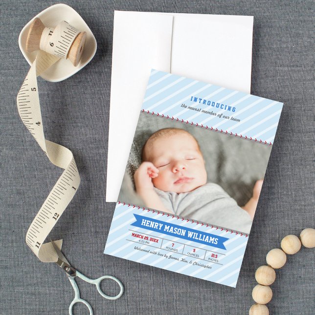 Modern Baseball Blue and Red Baby Boy Photo Birth Announcement (Creator Uploaded)
