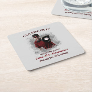 Modern Baseball Catching Fifty Men's 50th Birthday Square Paper Coaster
