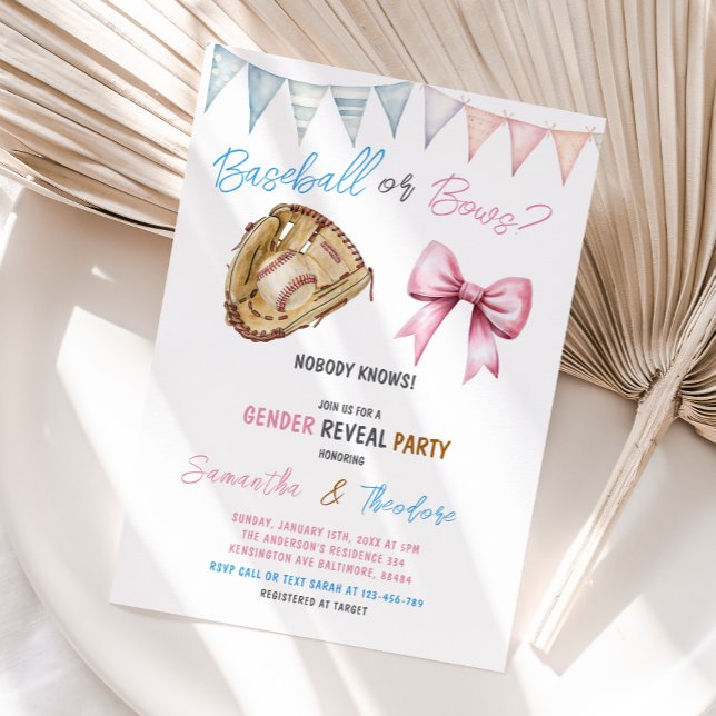 Modern Baseball or Bows Gender Reveal Party Invitation (Creator Uploaded)