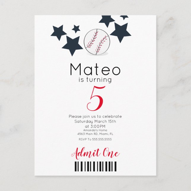 Modern Baseball Pattern  Ticket Style Party    Postcard (Front)