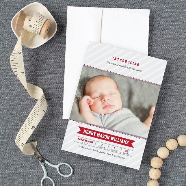 Modern Baseball Red Grey Baby Boy Photo Birth Announcement (Creator Uploaded)