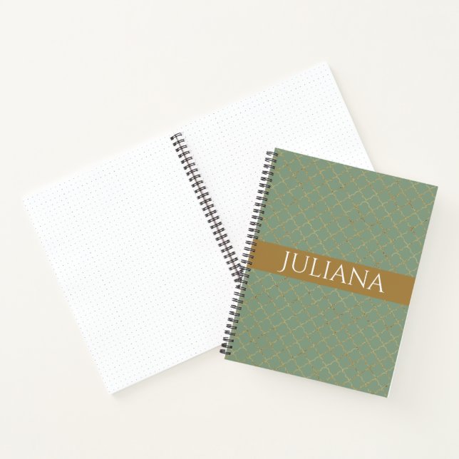 Modern Basil Green Gold Quatrefoil Personalised   Notebook (Inside)