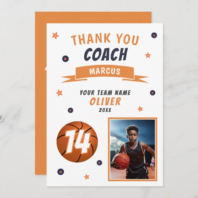 Modern Basketball Ball Photo Thank you Coach Card (Front/Back)