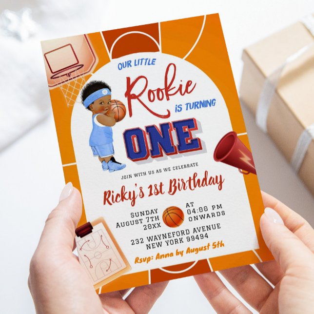 Modern Basketball Rookie African Boy 1st Birthday Invitation (Creator Uploaded)