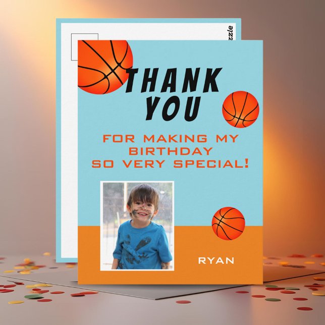 Modern Basketball Sports Birthday Photo Thank you Postcard (Creator Uploaded)