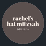 Modern Bat Mitzvah Autumn Brown Personalised  Classic Round Sticker<br><div class="desc">This personalised bat mitzvah sticker features a rich brown background with soft ivory cream typography and a clean, modern layout. Customise the name and date to use on favours, envelopes, thank you bags, or party packaging throughout the celebration. The round format and neutral palette coordinate easily with matching stationery and...</div>