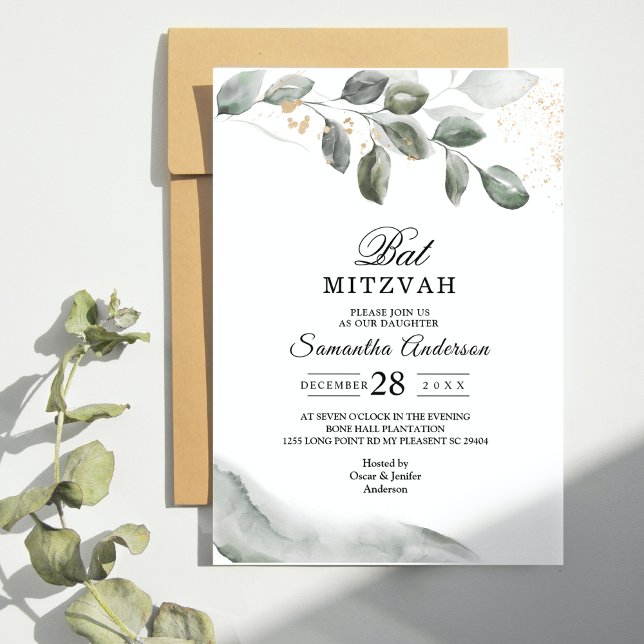 Modern Bat Mitzvah | Greenery Eucalyptus Invitation (Creator Uploaded)