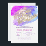 Modern Bat Mitzvah Purple Blue Invitation<br><div class="desc">Lovely modern Bat Mitzvah girl celebration party.  Big letters with watercolor blue purple colours design with faux gold brush stroke. Back has girl's name.  Impress your guests with these invites!</div>