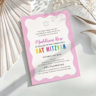 MODERN BAT MITZVAH rainbow colours wavy border pin Invitation