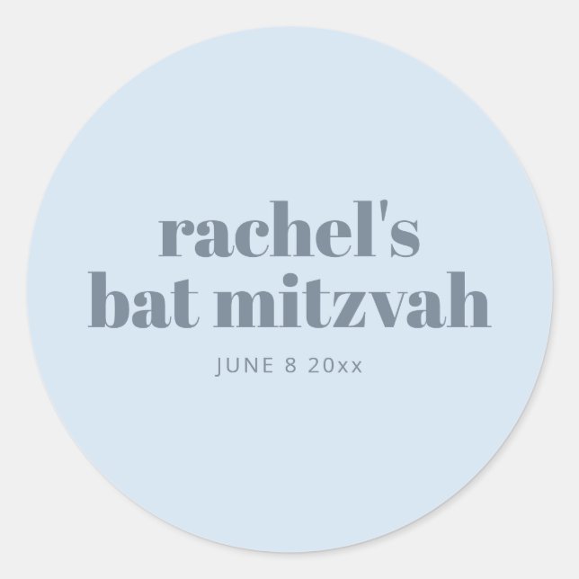 Modern Bat Mitzvah Soft Blue Personalised Favour Classic Round Sticker (Front)
