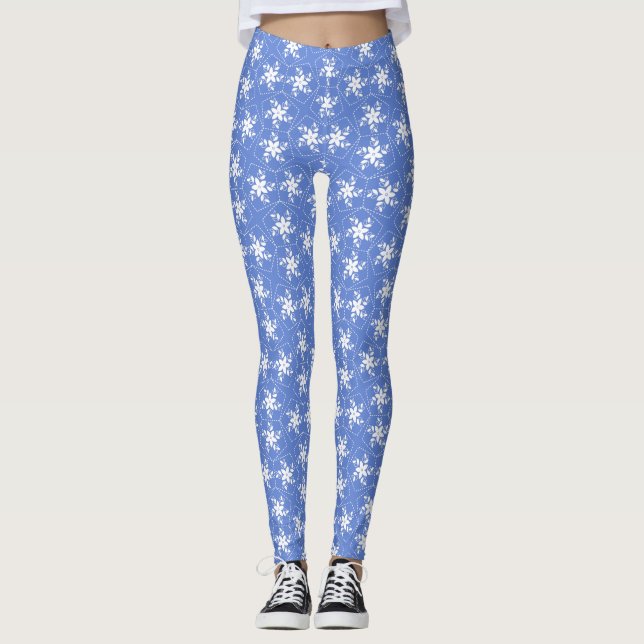 Modern Batik Pattern White Jasmine Floral Flower Leggings (Front)