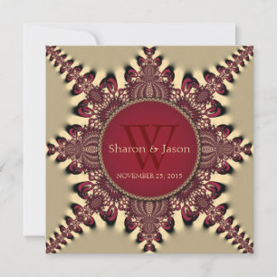 Modern Batik Star Monogram Deep Red Gold Wedding Invitation