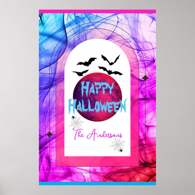 Modern Bats Spider Web Full Moon Happy Halloween Poster (Front)