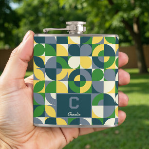 Modern Bauhaus Abstract Geometric Monogram Pattern Hip Flask