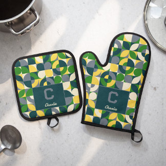 Modern Bauhaus Abstract Geometric Monogram Pattern Oven Mitt & Pot Holder Set