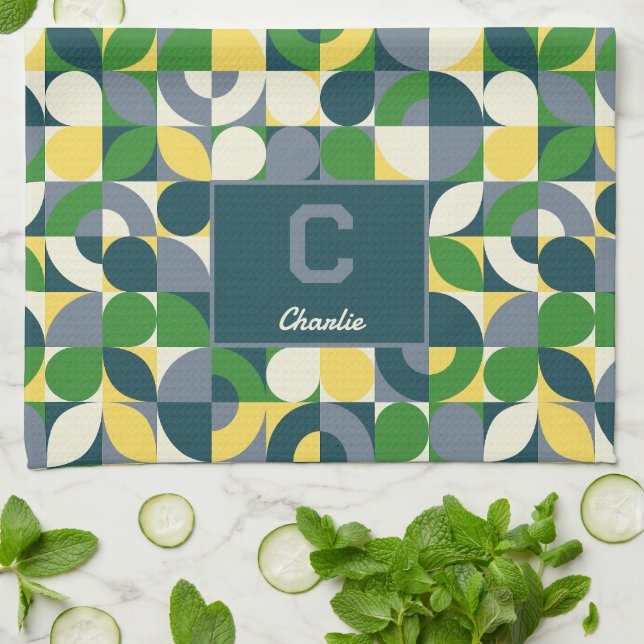 Modern Bauhaus Abstract Geometric Monogram Pattern Tea Towel (Folded)