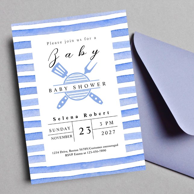 Modern BBQ picnic baby shower blue Invitation (Creator Uploaded)