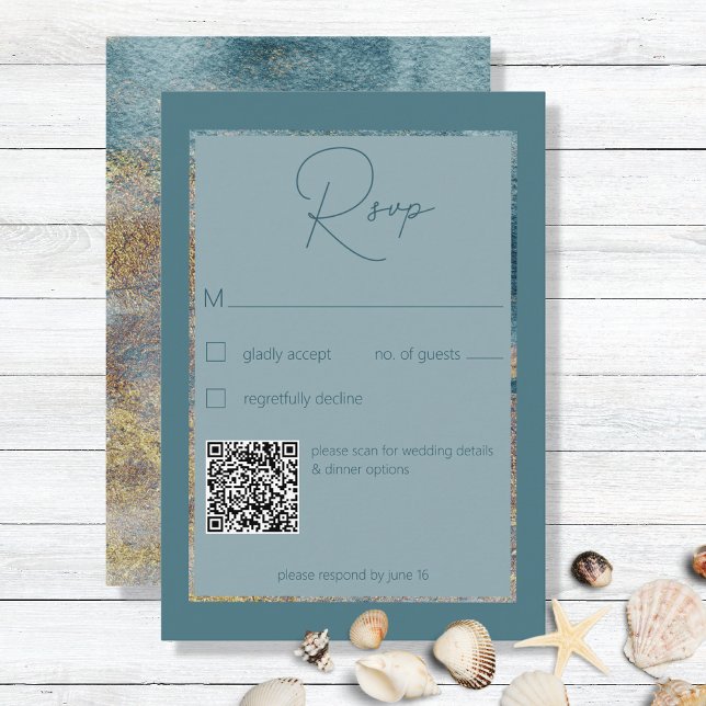 Modern Beach Abstract Teal & Gold RSVP Card (Creator Uploaded)