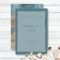 Modern Beach Abstract Teal & Gold Save The Date
