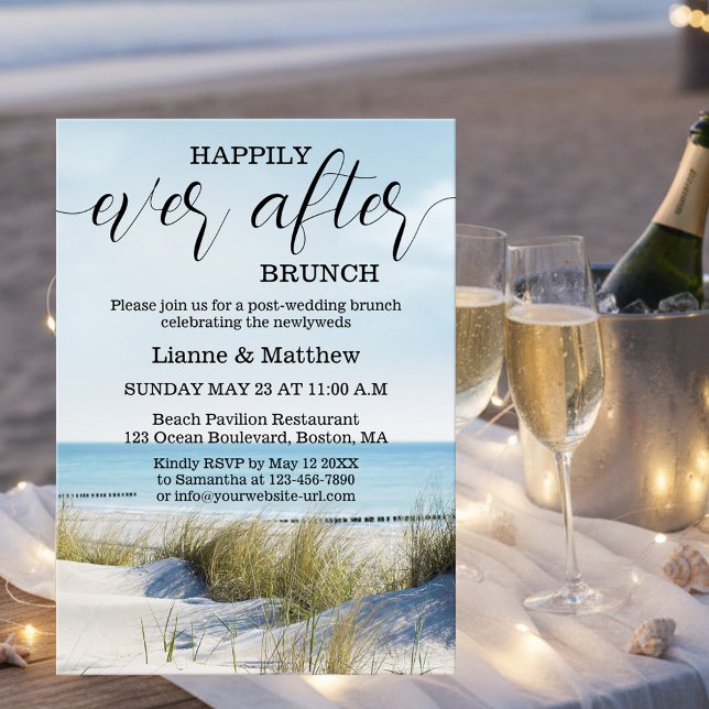 Modern Beach and Dunes Wedding Brunch Invitation (Modern script beach breakfast or brunch invitation featuring dunes overlooking a beach)