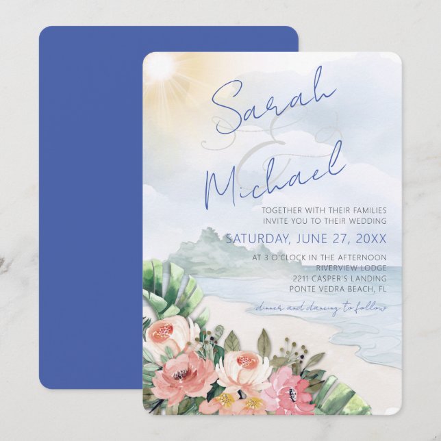 Modern Beach and Floral Wedding Invitation (Front/Back)